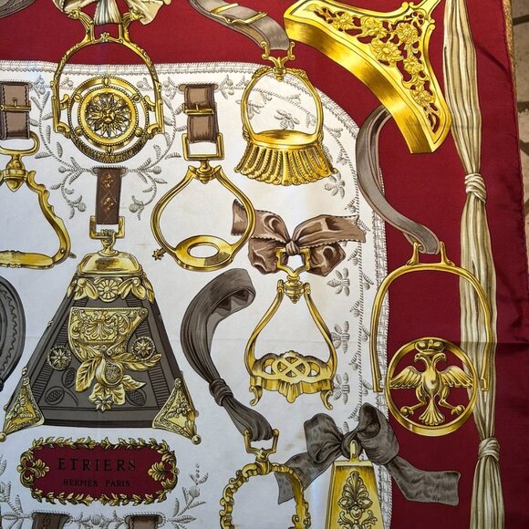 Vintage Hermes Etriers Silk Scarf Crimson and Gold by Françoise de la Perriere - Picture 7 of 15